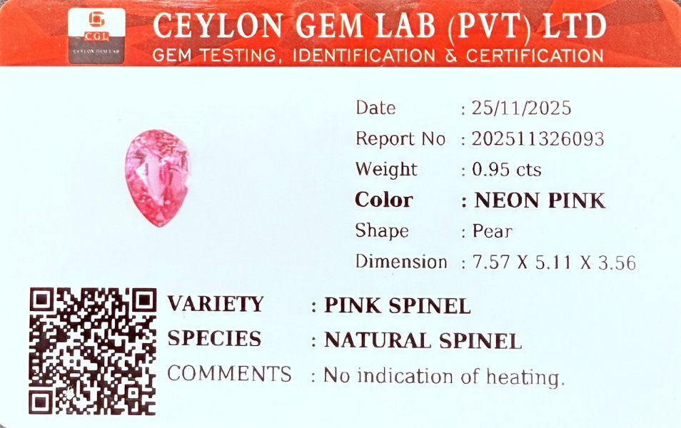 0.95克拉無燒無處理馬亨蓋霓虹粉紅色尖晶石 