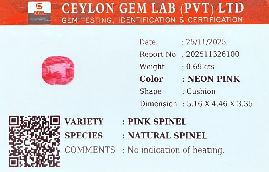 0.69克拉無燒無處理馬亨蓋霓虹粉紅色尖晶石 