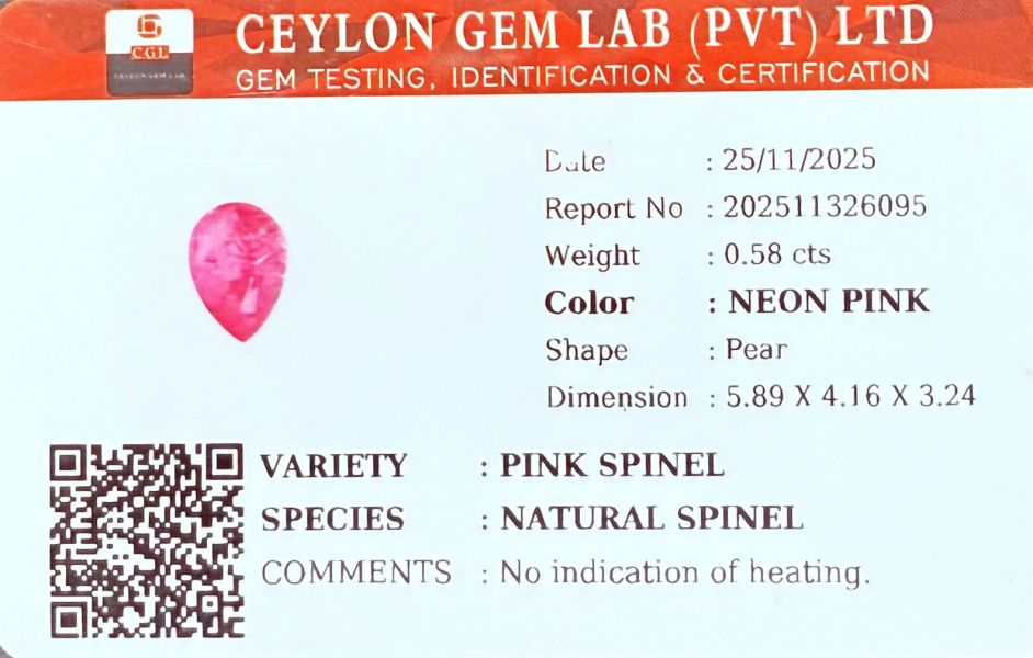 0.58克拉無燒無處理馬亨蓋霓虹粉紅色尖晶石 