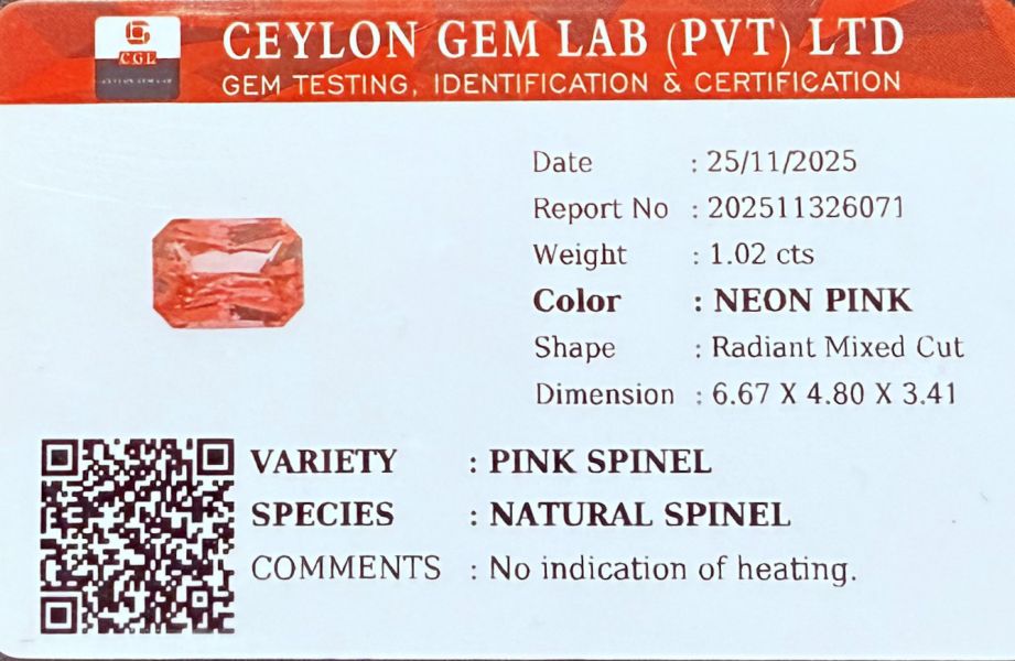 1.02克拉無燒無處理馬亨蓋霓虹粉紅色尖晶石 