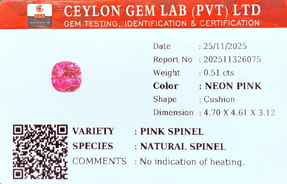 0.51克拉無燒無處理馬亨蓋霓虹粉紅色尖晶石 