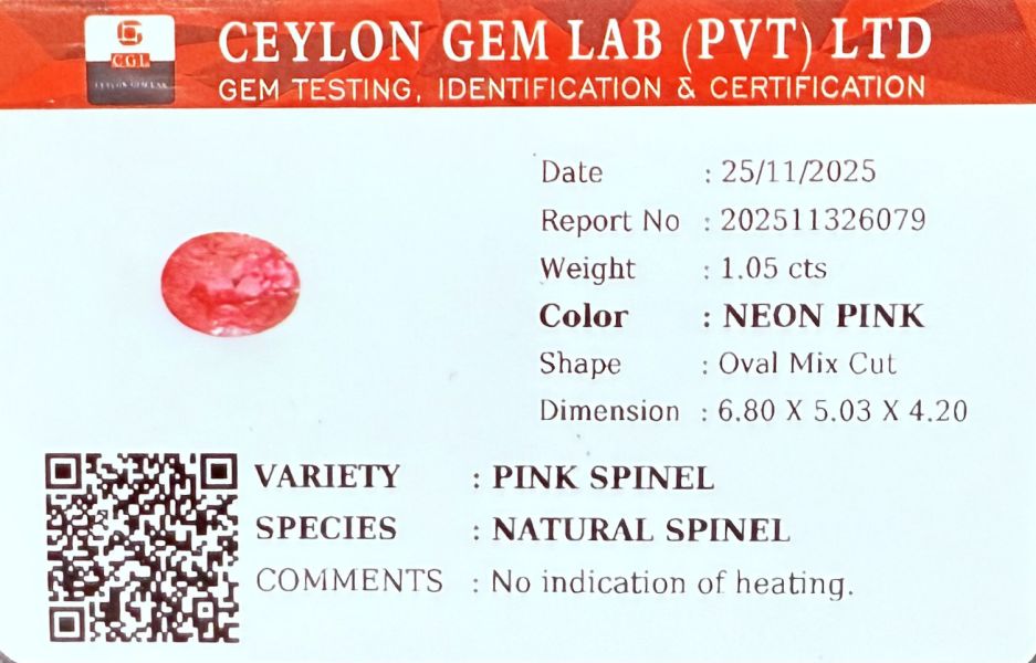 1.05克拉無燒無處理馬亨蓋霓虹粉紅色尖晶石 