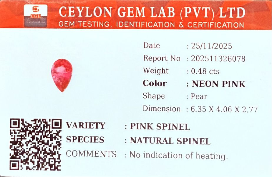 0.48克拉無燒無處理馬亨蓋霓虹粉紅色尖晶石 