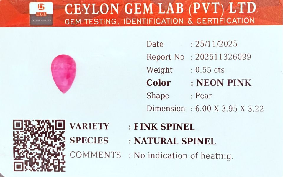 0.55克拉無燒無處理馬亨蓋霓虹粉紅色尖晶石 