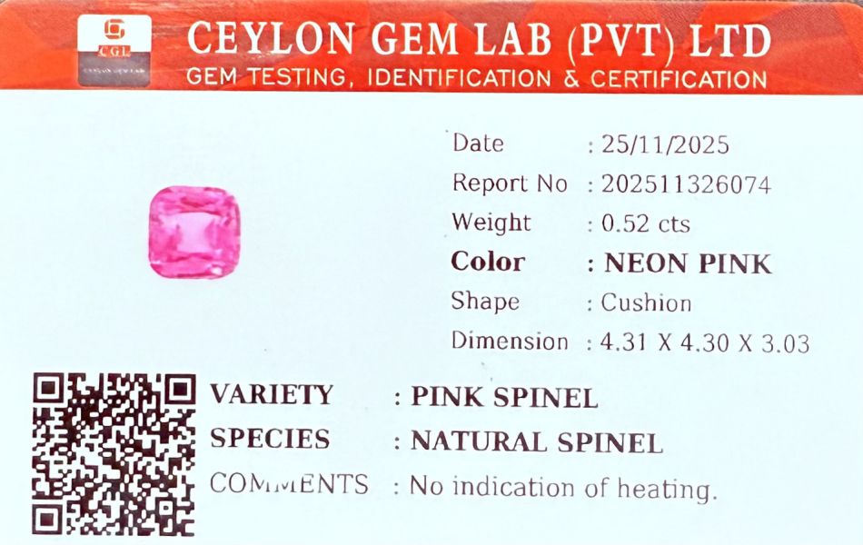 0.52克拉無燒無處理馬亨蓋霓虹粉紅色尖晶石 