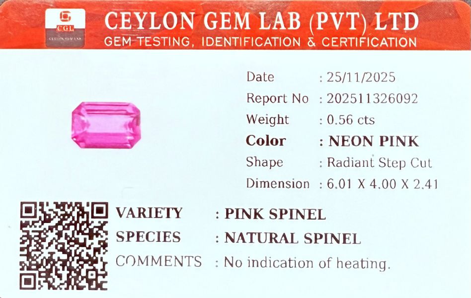 0.56克拉無燒無處理馬亨蓋霓虹粉紅色尖晶石 