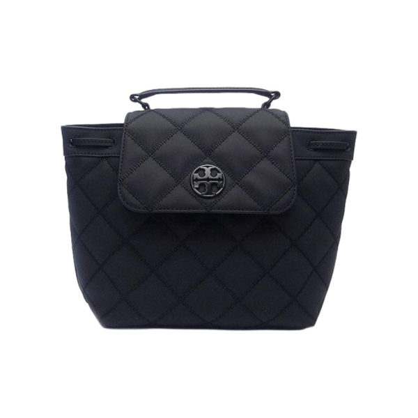 TORY BURCH WILLA 菱格紋翻蓋束口後背包-霧面黑 