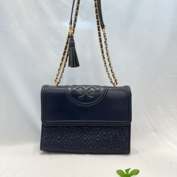 Tory Burch 深藍壓紋大 Logo 鏈條包 