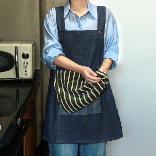 法式餐酒館風 牛仔圍裙附可拆式擦手巾 