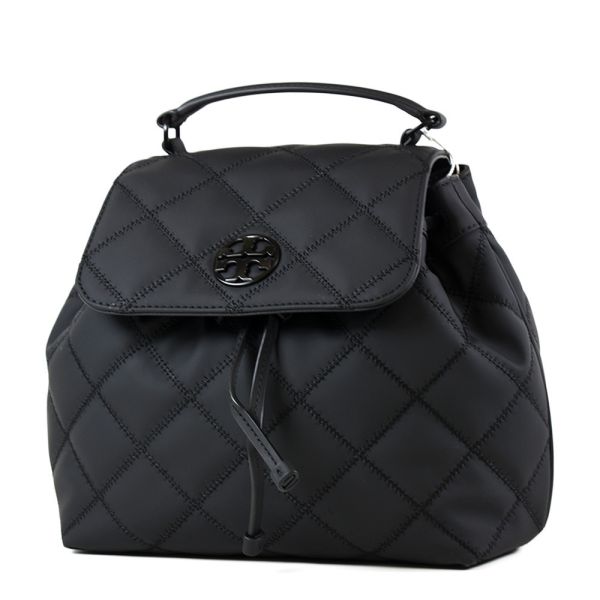 TORY BURCH WILLA 菱格紋翻蓋束口後背包-霧面黑 