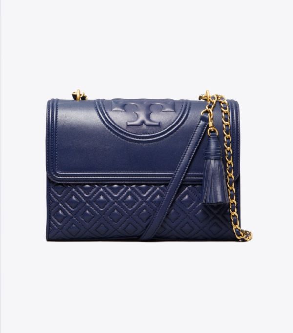 Tory Burch Fleming 深藍壓紋大 Logo 鏈條包 