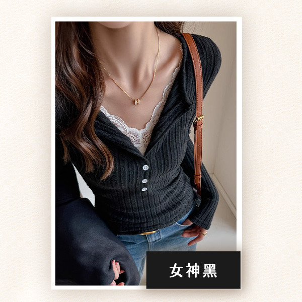 【Lace+】美式蕾絲拼接修身t 