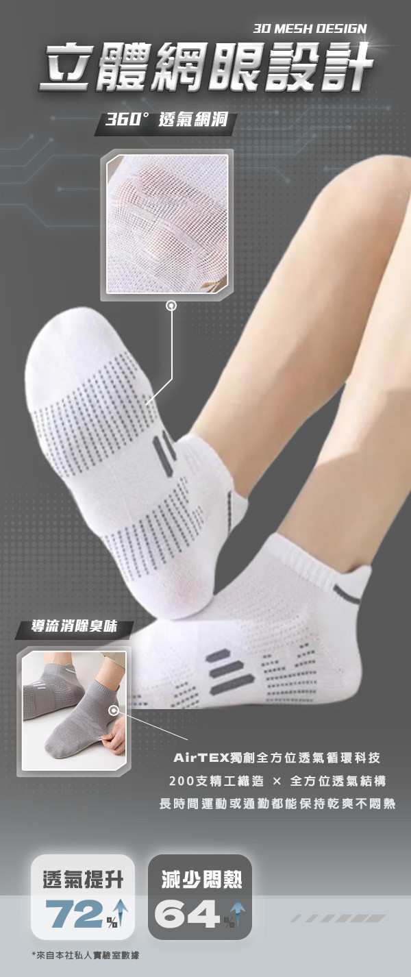 【AirTEX】200支新機能透氣緩震網眼運動襪 