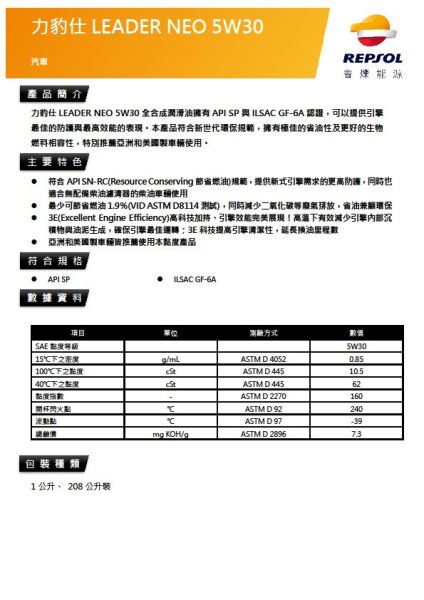 【力豹士】LEADER NEO 5W30 1L ​節能全合成機油 【力豹士】LEADER NEO 5W30 1L ​節能全合成機油