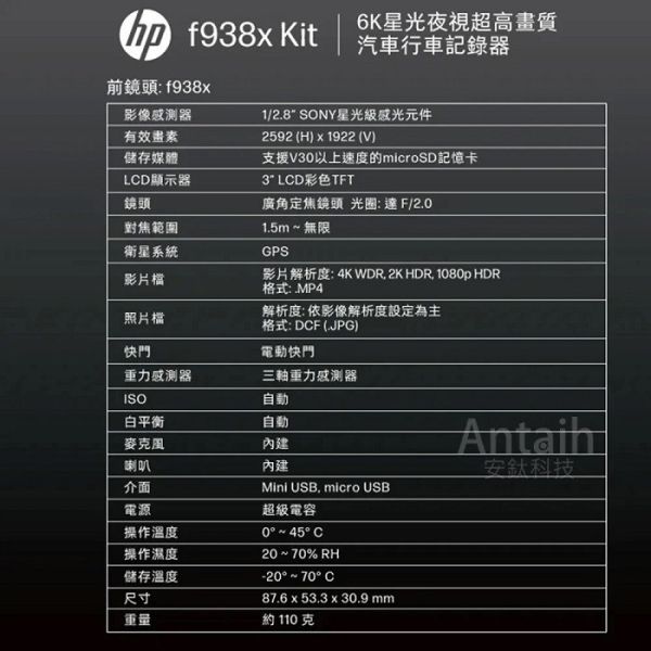 【HP】F938X KIT 4K+2K OTA 行車紀錄器 【HP】F808x 4K WIFI+GPS 前後錄行車記錄器