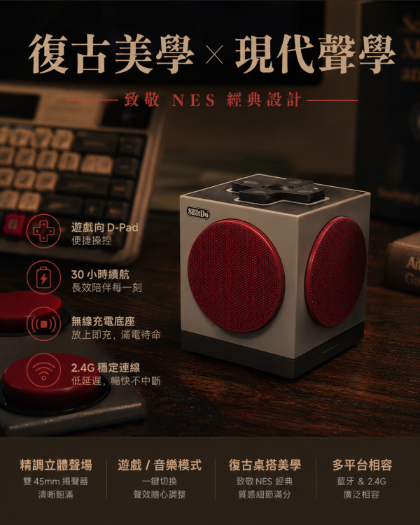 8BitDo 八位堂 Cube 2 無線藍牙音箱｜復古方塊造型・Bluetooth 5.3・2.4G／藍牙／有線三模連接・無線充電底座 8BitDo Cube 2, 八位堂 Cube 2, 8BitDo 藍牙音箱, 復古藍牙音箱, 方塊藍牙喇叭, 2.4G 無線音箱, Bluetooth 5.3 音箱, 無線充電底座音箱, 桌面藍牙音箱, 遊戲風格音箱, 復古桌搭音箱, Jeff Select, 姊夫嚴選科技好物
