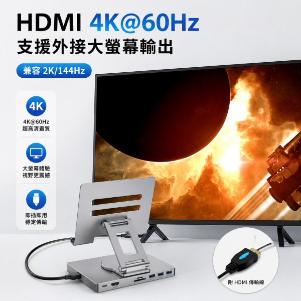 8合1平板旋轉支架擴充座 多功能 Hub・4K60Hz HDMI・PD 100W・360° 旋轉支架 Type-C 擴充座, 平板支架擴充座, 旋轉平板支架, 9合1 Hub, 8合1 Hub, HDMI 4K60Hz, PD100W, USB3.0 Hub, SD TF 讀卡機, 平板辦公支架, iPad支架Hub, Jeff Select, 姊夫嚴選科技好物