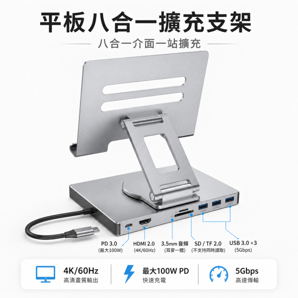 8合1平板旋轉支架擴充座 多功能 Hub・4K60Hz HDMI・PD 100W・360° 旋轉支架 Type-C 擴充座, 平板支架擴充座, 旋轉平板支架, 9合1 Hub, 8合1 Hub, HDMI 4K60Hz, PD100W, USB3.0 Hub, SD TF 讀卡機, 平板辦公支架, iPad支架Hub, Jeff Select, 姊夫嚴選科技好物