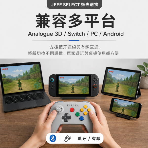 8BitDo 八位堂 64 藍牙遊戲手把｜復古灰配色・霍爾搖桿・1000mAh・Analogue 3D／Switch／PC／Android 相容 8BitDo 64 手把, 八位堂 64 藍牙手把, 8BitDo 藍牙遊戲手把, 復古遊戲手把, 霍爾搖桿手把, Switch 相容手把, PC 遊戲手把, Android 遊戲手把, Analogue 3D 手把, 自動連發手把, 快速映射手把, 1000mAh 遊戲手把, Jeff Select, 姊夫嚴選科技好物