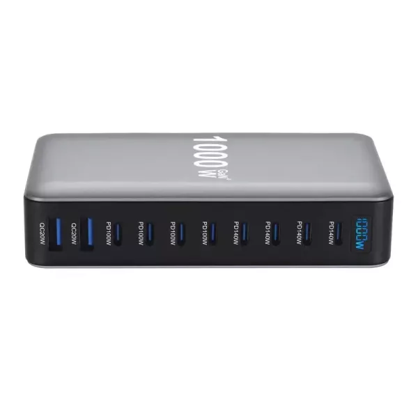 1000W 標示多孔 GaN 快速充電站 10 孔 USB-C／USB-A・PD140W・PD100W・QC20W・桌面集中充電 10 孔多功能 GaN 快速充電站,前方面板配置 USB-C PD140W、USB-C PD100W 與 USB-A QC20W 多組輸出孔,適合手機、平板、筆電、耳機、手錶等多設備集中充電。產品標示 1000W,實際輸出功率需依設備、線材、協議與多孔分配狀況為準。購買前請先確認設備是否支援 PD／QC 快充與對應線材規格。