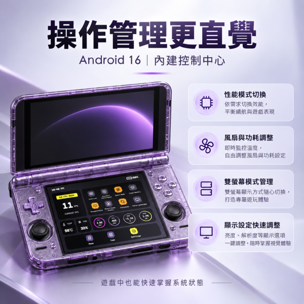 Retroid Pocket Duo 雙 OLED 雙螢幕 Android 掌機Q-7790・120Hz・Android 16・6000mAh・主動散熱 Retroid Pocket Duo 是雙 OLED 雙螢幕 Android 掌機,搭載 Qualcomm Dragonwing Q-7790 處理器、8GB＋128GB、Android 16、5.5 吋 1080p 120Hz 主螢幕、4.5 吋 960p 120Hz 副螢幕、主動散熱、6000mAh 電池、Wi-Fi 6E＋Bluetooth 5.4、Hall 搖桿與類比 L2/R2。適合重視