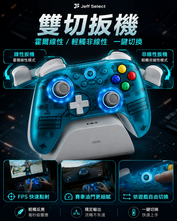 8BitDo 八位堂 獵戶座二代無線手柄 水藍透版｜TMR 搖桿・雙切扳機・2.4G 真無線・PC／Android 適用 8BitDo 獵戶座二代, 八位堂獵戶座二代, 獵戶座二代水藍透版, 8BitDo 水藍透手把, PC 無線手把, 2.4G 無線手把, TMR 搖桿手把, 雙切扳機手把, 1000Hz 手把, Steam 手把, Android 手把, 充電底座手把, 8BitDo Ultimate 2 Wireless Controller, Jeff Select, 姊夫嚴選科技好物