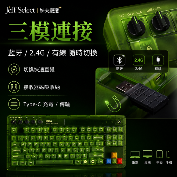 8BitDo 八位堂 Retro87 X版 綠透機械鍵盤｜87鍵配置・三模連線・復古 RGB 燈效・超級按鍵套組 8BitDo Retro87, 八位堂 Retro87, Retro87 X版, 綠透機械鍵盤, 8BitDo 機械鍵盤, 87鍵機械鍵盤, 三模機械鍵盤, 藍牙機械鍵盤, 2.4G 機械鍵盤, 有線機械鍵盤, RGB 機械鍵盤, 復古鍵盤, 綠透鍵盤, Xbox 風格鍵盤, 超級按鍵, Game Bar 快捷鍵, Jeff Select, 姊夫嚴選科技好物