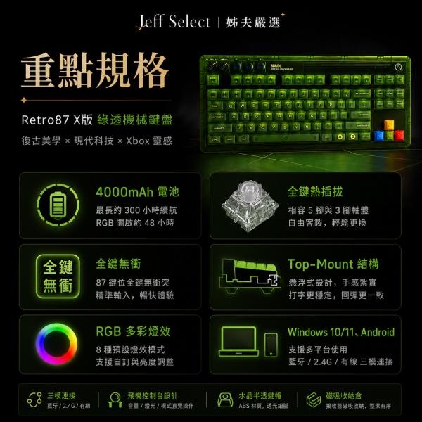8BitDo 八位堂 Retro87 X版 綠透機械鍵盤｜87鍵配置・三模連線・復古 RGB 燈效・超級按鍵套組 8BitDo Retro87, 八位堂 Retro87, Retro87 X版, 綠透機械鍵盤, 8BitDo 機械鍵盤, 87鍵機械鍵盤, 三模機械鍵盤, 藍牙機械鍵盤, 2.4G 機械鍵盤, 有線機械鍵盤, RGB 機械鍵盤, 復古鍵盤, 綠透鍵盤, Xbox 風格鍵盤, 超級按鍵, Game Bar 快捷鍵, Jeff Select, 姊夫嚴選科技好物