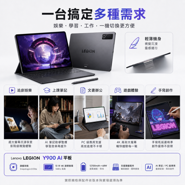 聯想拯救者 Y900 新款13吋AI平板電腦電競遊戲 4K 高刷驍龍8至尊版 下單送皮套+鋼化膜 聯想拯救者 Y900 AI 平板, Lenovo Legion Y900 AI 平板, 拯救者 Y900, Snapdragon 8 Elite 平板, 13吋平板, 4K 平板, 144Hz 平板, 12700mAh 平板, 68W 快充平板, AI 平板, 手寫筆平板, 鍵盤平板, 娛樂平板, 遊戲平板, 工作平板, 學習平板, Dolby Vision 平板, Dolby Atmos 平板,