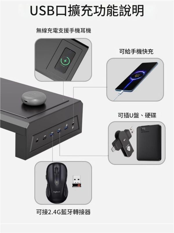 里歐街機 電腦螢幕桌面增高架 type-c USB 可充電 支援快充 承重50公斤 15WMAX無線充電 