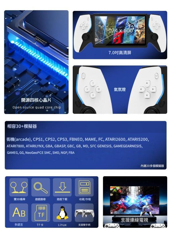里歐街機 PORTAL7  7吋大螢幕開源遊戲機  30+模擬器 萬種遊戲  多語言支援 HDMI輸出 