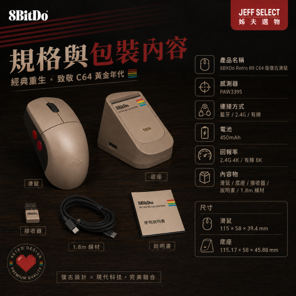 8BitDo 八位堂 Retro R8 C64 版復古滑鼠｜三模連線・無線充電底座・PAW3395 感測器・有線 8000Hz 8BitDo Retro R8, 八位堂 Retro R8, C64 版復古滑鼠, 8BitDo 滑鼠, 八位堂滑鼠, 三模滑鼠, 無線充電滑鼠, PAW3395 滑鼠, 8000Hz 滑鼠, 4K 無線滑鼠, 左右手滑鼠, 自定義側鍵滑鼠, 復古滑鼠, 電競滑鼠, Jeff Select, 姊夫嚴選科技好物