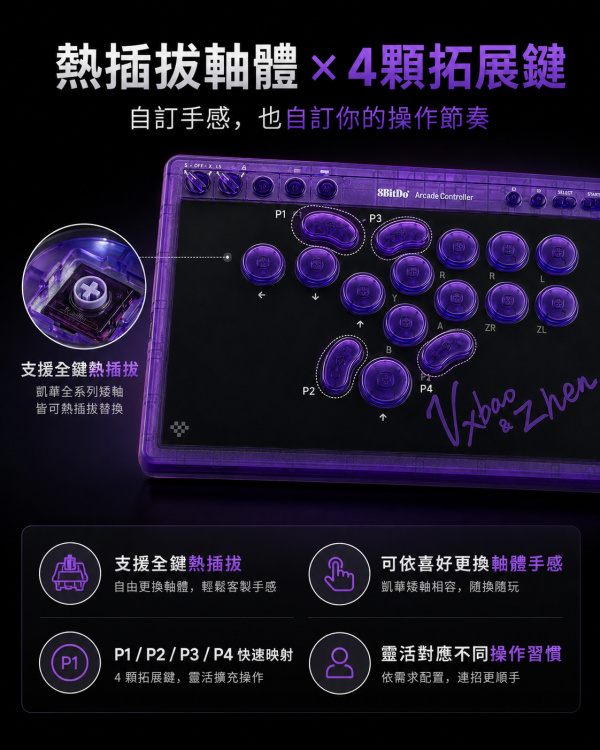 8BitDo 八位堂 天刃星 紫透版 街機控制器｜16鍵全按鍵布局・紫鸢競技矮軸・PC／Switch 適 8BitDo 天刃星, 八位堂天刃星, 天刃星紫透雙簽版, 街機控制器, 無搖桿控制器, 格鬥控制器, Hitbox 控制器, 16鍵街機控制器, 紫鸢競技矮軸, PC 街機控制器, Switch 街機控制器, SOCD 清空模式, 八位堂精英軟體 V2, Jeff Select, 姊夫嚴選科技好物