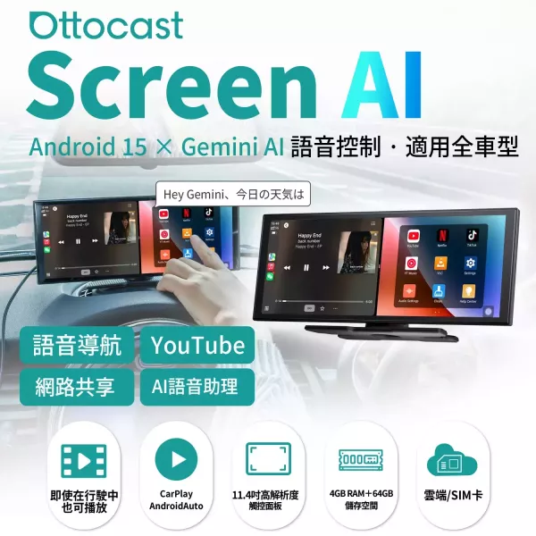 OTTOCAST Screen AI｜11.4 吋智慧車用觸控螢幕・Android 15・Gemini AI・無線 CarPlay Android Auto｜Jeff Select 想升級車上的導航、音樂與娛樂體驗,不一定要拆原廠主機。OTTOCAST Screen AI 是一款 11.4 吋外接式智慧車用觸控螢幕,內建 Android 15 與 Gemini AI,支援無線 CarPlay／Android Auto、App 下載、分割畫面與多種音訊輸出方式,適合舊車升級、長途出遊與家庭用車情境。