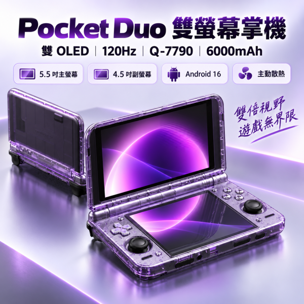 Retroid Pocket Duo 雙 OLED 雙螢幕 Android 掌機Q-7790・120Hz・Android 16・6000mAh・主動散熱 Retroid Pocket Duo 是雙 OLED 雙螢幕 Android 掌機,搭載 Qualcomm Dragonwing Q-7790 處理器、8GB＋128GB、Android 16、5.5 吋 1080p 120Hz 主螢幕、4.5 吋 960p 120Hz 副螢幕、主動散熱、6000mAh 電池、Wi-Fi 6E＋Bluetooth 5.4、Hall 搖桿與類比 L2/R2。適合重視