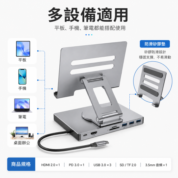 8合1平板旋轉支架擴充座 多功能 Hub・4K60Hz HDMI・PD 100W・360° 旋轉支架 Type-C 擴充座, 平板支架擴充座, 旋轉平板支架, 9合1 Hub, 8合1 Hub, HDMI 4K60Hz, PD100W, USB3.0 Hub, SD TF 讀卡機, 平板辦公支架, iPad支架Hub, Jeff Select, 姊夫嚴選科技好物
