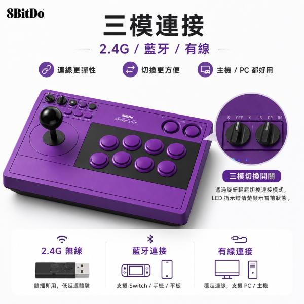 八位堂 8BitDo 街機搖桿 V3大搖 最新款紫色與灰色三和版 街霸6 Switch2 格鬥97 Steam 鐵拳8 餓狼傳說 真人快打1 PC電腦遊戲機 8BitDo 街機搖桿V3, 八位堂街機搖桿V3, 8BitDo V3, 街機搖桿, 格鬥搖桿, 三模街機搖桿, 2.4G 街機搖桿, 藍牙街機搖桿, 有線街機搖桿, 三和版街機搖桿, Sanwa 街機搖桿, 灰色標準版, 紫色標準版, PC 街機搖桿, Steam 街機搖桿, Switch 街機搖桿, Raspberry Pi 街機搖桿, Jeff Select, 姊夫嚴選科技好物