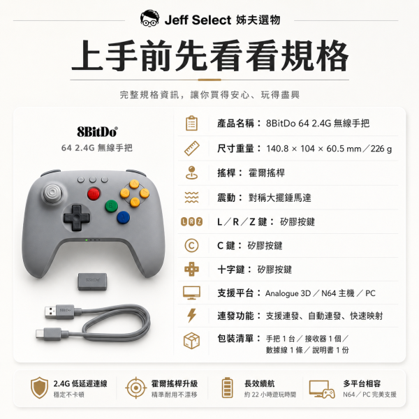 8BitDo 八位堂 64 2.4G 無線手把 復古N64 風格 霍爾搖桿 震動連發 支援 Analogue 3D N64 PC 8BitDo 64 2.4G 無線手柄, 八位堂 N64 手柄, 8BitDo N64 手把, N64 無線手把, Analogue 3D 手把, 復古遊戲手把, 2.4G 無線手把, 霍爾搖桿手把, 震動連發手把, PC 有線手把, 64 手把, 復古控制器, 八位堂無線手柄, Jeff Select, 姊夫嚴選科技好物