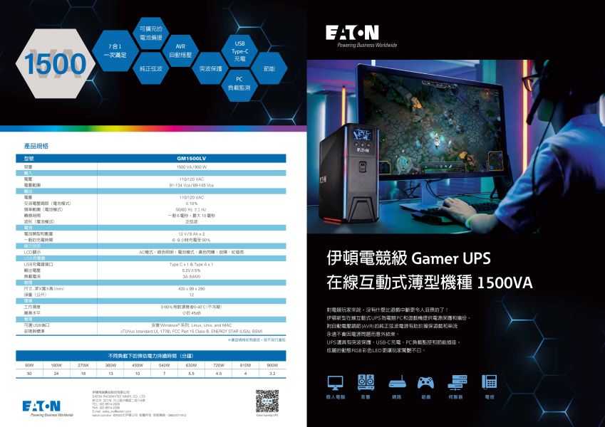 里歐街機 伊頓電競級 Gamer UPS電源 GM1500LV 不斷電系統 自動電壓調節 負載監控節能插座 LED 電源保護 