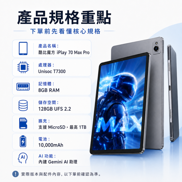 酷比魔方 iPlay 70 Max Pro 13吋大平板 讓你追劇查資料都看得清 酷比魔方 iPlay 70 Max Pro, 酷比魔方平板, iPlay 70 Max Pro, Android 平板, 大螢幕平板, 娛樂平板, 學習平板, 追劇平板, 高 CP 值平板, Unisoc T7300, 8GB RAM 平板, 128GB 平板, UFS 2.2 平板, MicroSD 擴充平板, 10000mAh 平板, Gemini AI 平板, 學生平板, 文件瀏覽平板, 視