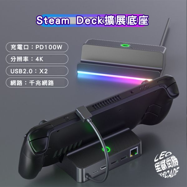 里歐街機 SteamDeck 掌機專用六合一擴展座 支架座 RGB炫彩燈光 USB 有線網路 4k高清 100w快充 HDMI 即插即用熱門必備周邊 