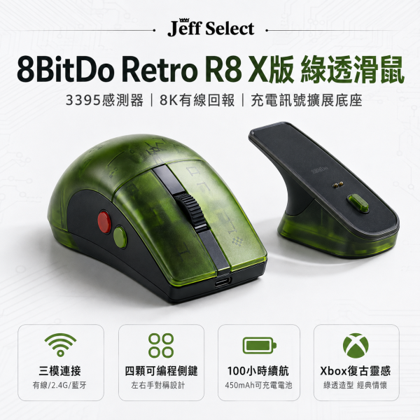 8BitDo 八位堂 Retro R8 X版 綠透無線滑鼠｜PAW3395 感測器・三模連線・有線 8000Hz・充電訊號擴展底座 8BitDo Retro R8, 八位堂 Retro R8, Retro R8 X版, 綠透無線滑鼠, 8BitDo 滑鼠, PAW3395 滑鼠, 8000Hz 滑鼠, 2.4G 無線滑鼠, 三模滑鼠, 藍牙滑鼠, 有線滑鼠, 充電底座滑鼠, Xbox 風格滑鼠, 復古透明滑鼠, 遊戲滑鼠, 電競滑鼠, Jeff Select, 姊夫嚴選科技好物