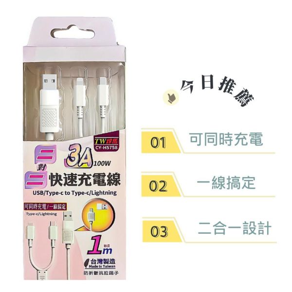 2對2 極速充電線 3A／1M／100W（不可傳輸、可同時充電） 