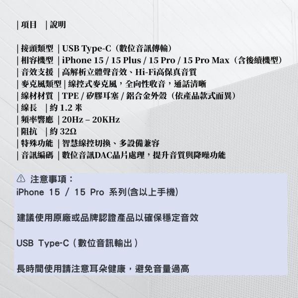 Type-C接頭耳機（含麥克風） 
