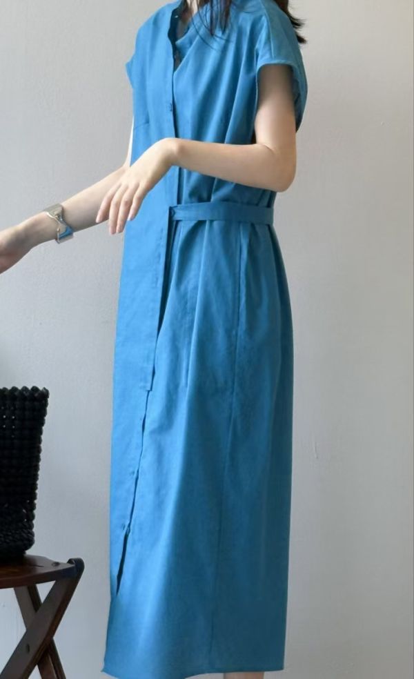 寬鬆蓋袖洋裝 韓流行女裝,設計師女裝,女裝,洋裝,休閒洋裝,夏季洋裝,單品,蓋袖洋裝,繫腰帶,涼感素材,明亮色,腰身,棉麻洋裝