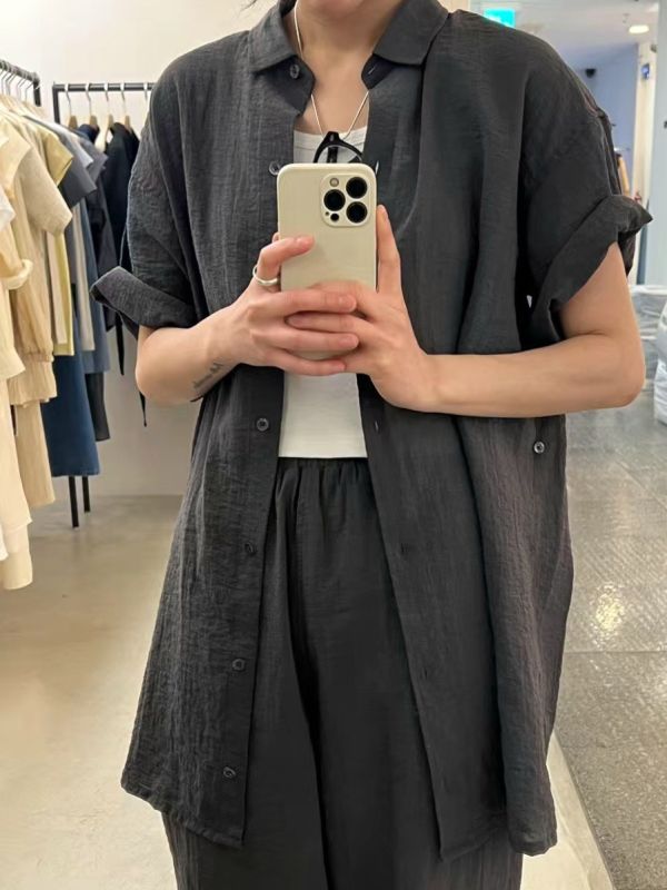 短袖長款襯衫 韓流行女裝,設計師女裝,女裝,襯衫,棉織,無袖襯衫,單品,無袖上衣,棉質上衣,中性,極簡,廂型,歐美