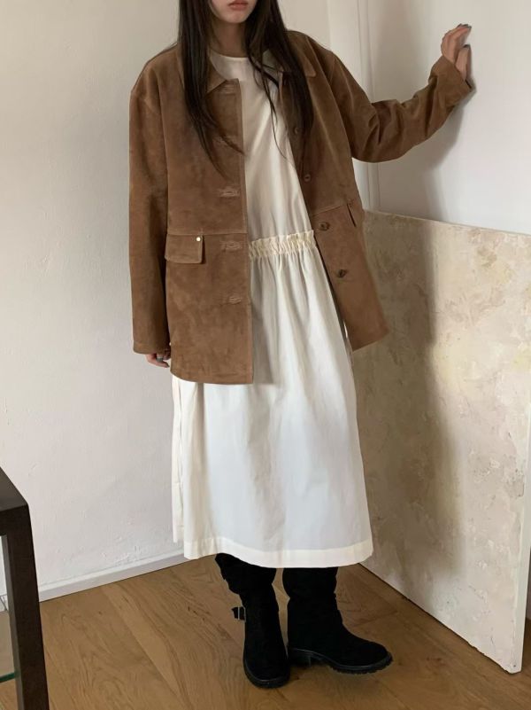 Safari皮革夾克 韓流行女裝,設計師女裝,女裝,貴族,夾克,秋冬,繭型,狩獵夾克,皮衣,單品,休閒夾克,中長外套,西部,自然,粗礦