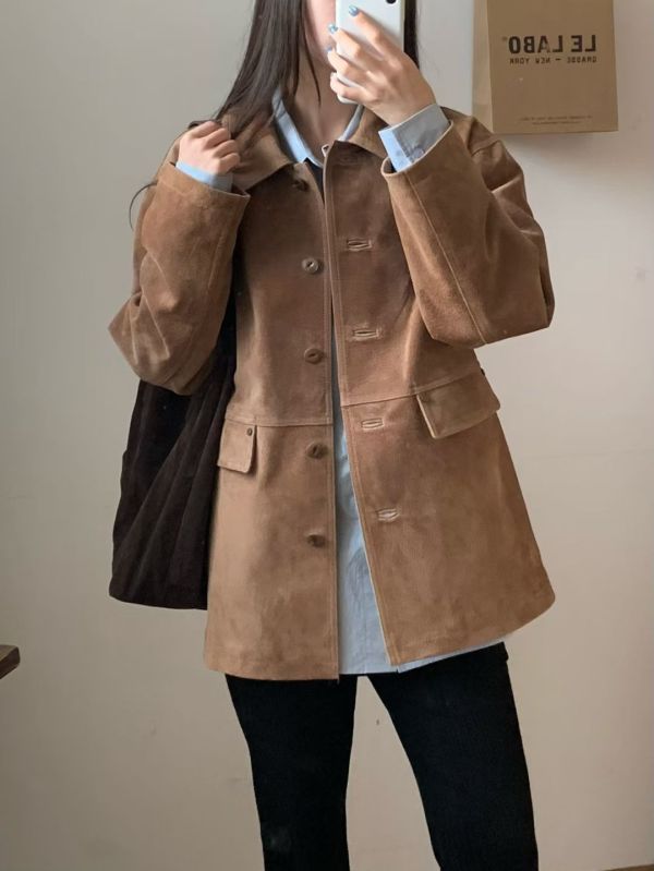 Safari皮革夾克 韓流行女裝,設計師女裝,女裝,貴族,夾克,秋冬,繭型,狩獵夾克,皮衣,單品,休閒夾克,中長外套,西部,自然,粗礦