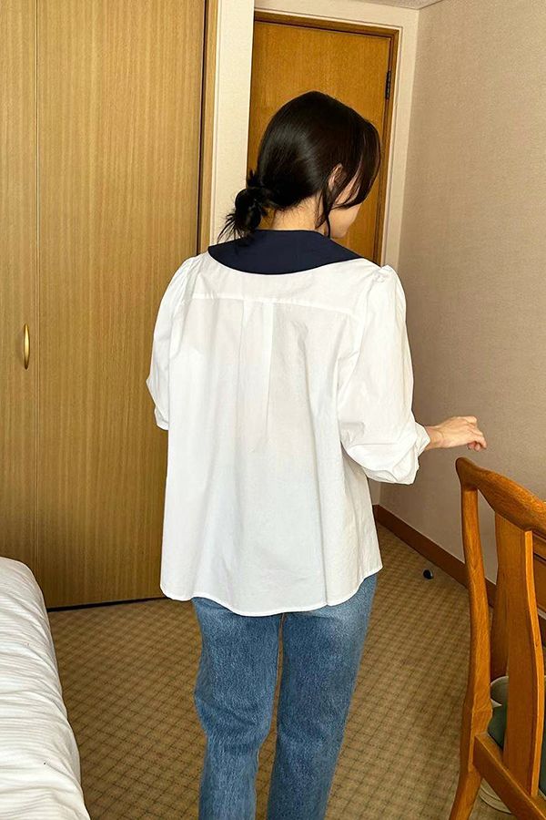 錯領蓬袖襯衫 日系,韓流行女裝,棉質襯衫,復古襯衫,大領片,Aline,棉質,,復古,寬鬆,撞色,古典,公主袖,蓬袖