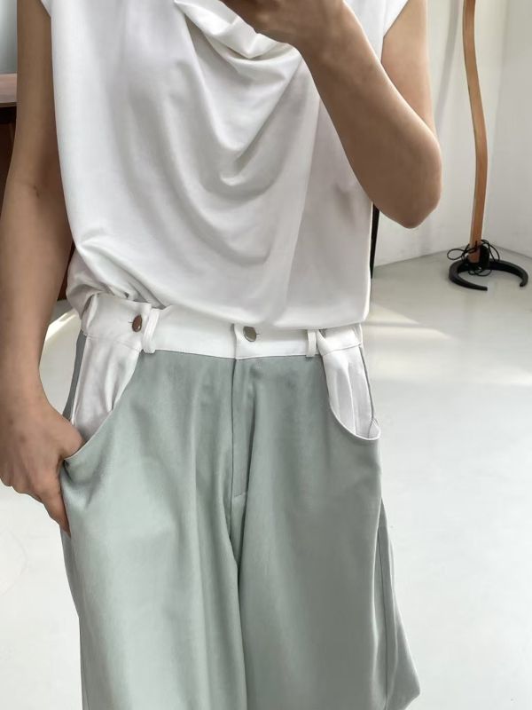 調節立褶長褲 日系女裝,韓流行女裝,麻褲,長褲,寬褲,春夏,混麻,低腰,色塊,拼接,休閒,個性